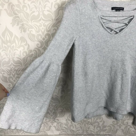 American Eagle Blue Lace Up Bell Sleeve Sweater - Picture 3 of 6